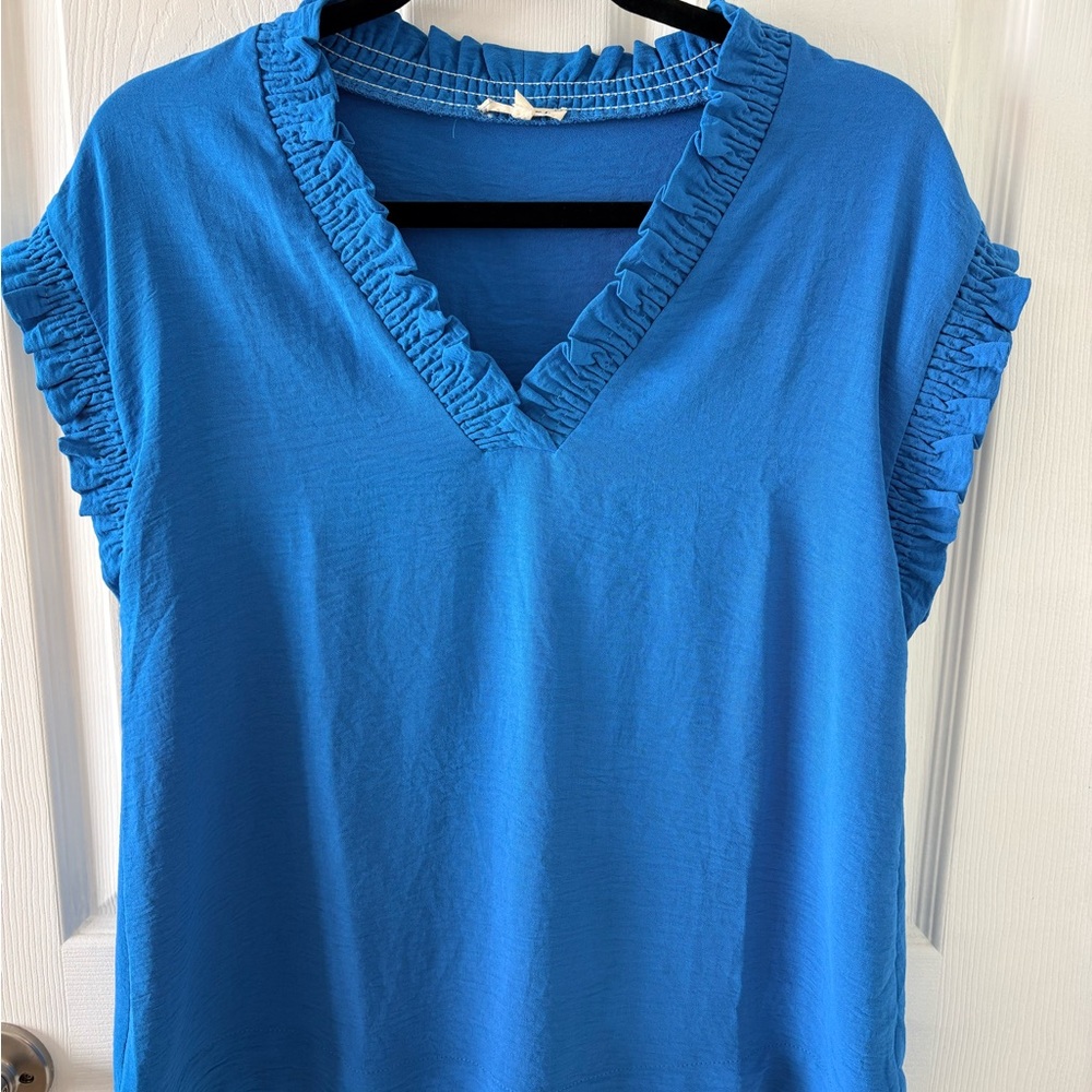 Blue Ruffle Trim V-Neck Women's Top